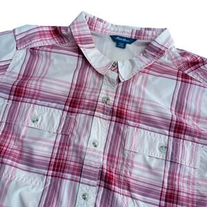 Eddie Bauer Womens Plaid Button Down Shirt Short Sleeve Pink White XXL